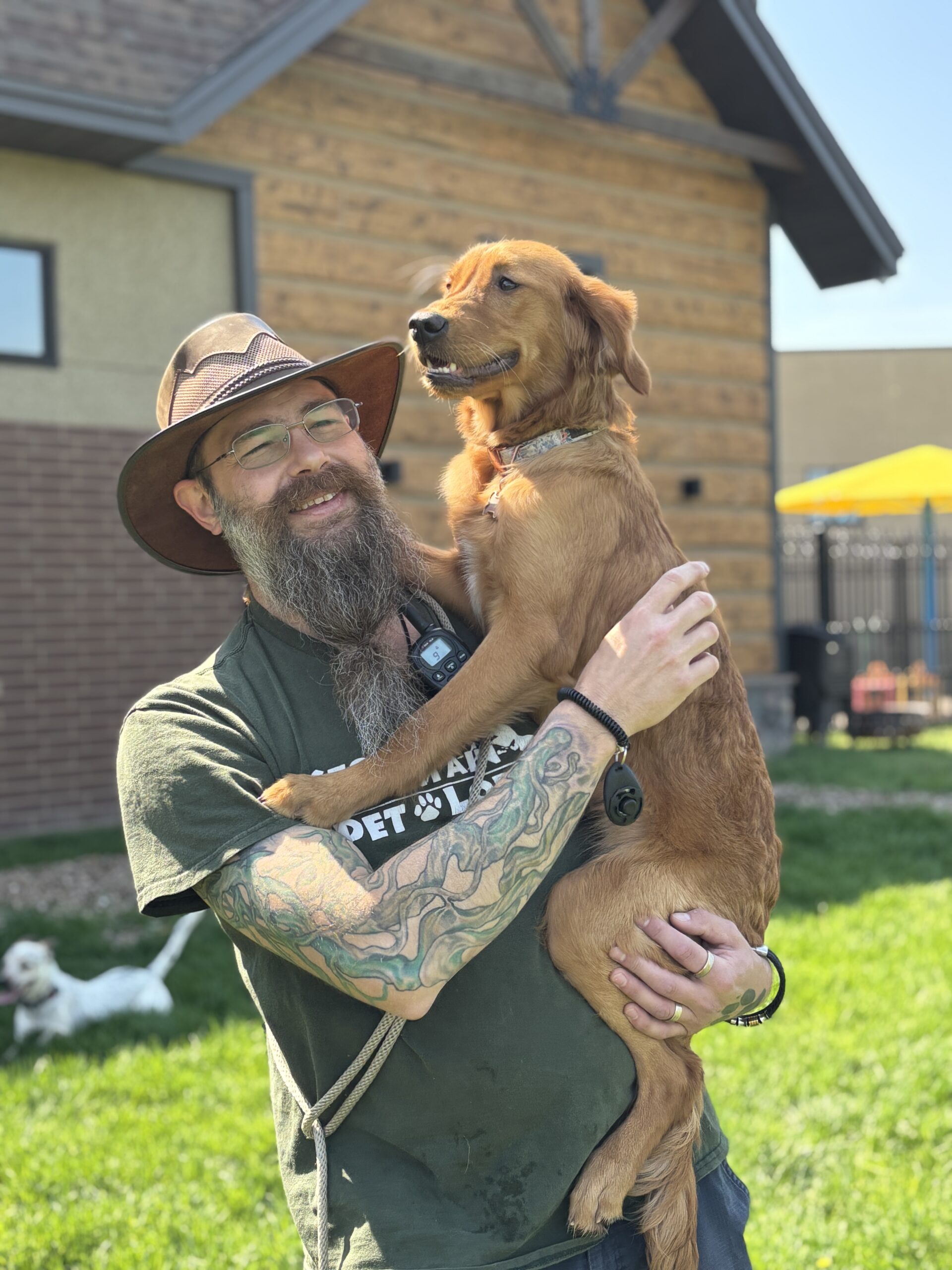 Employee holding retriever dog