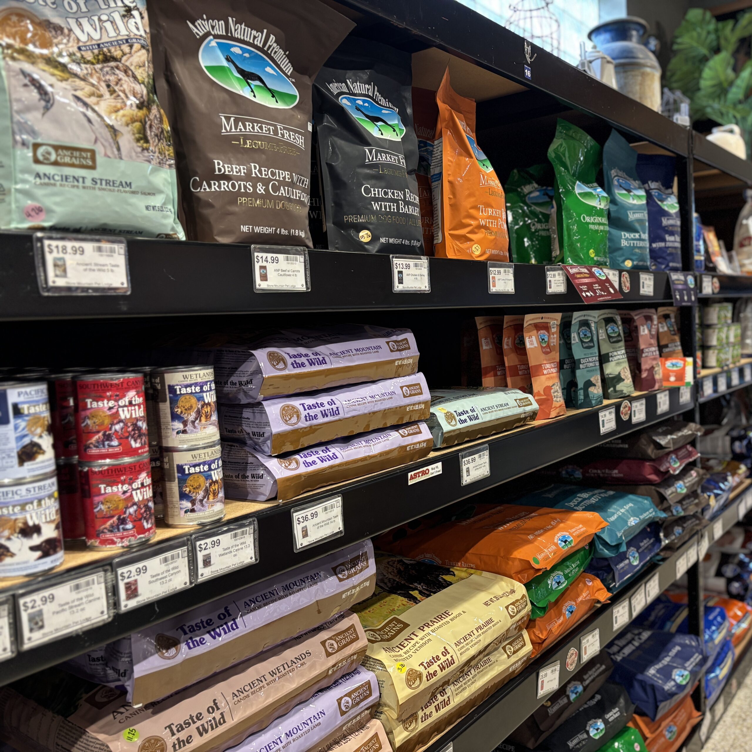 Retail dog food on shelves